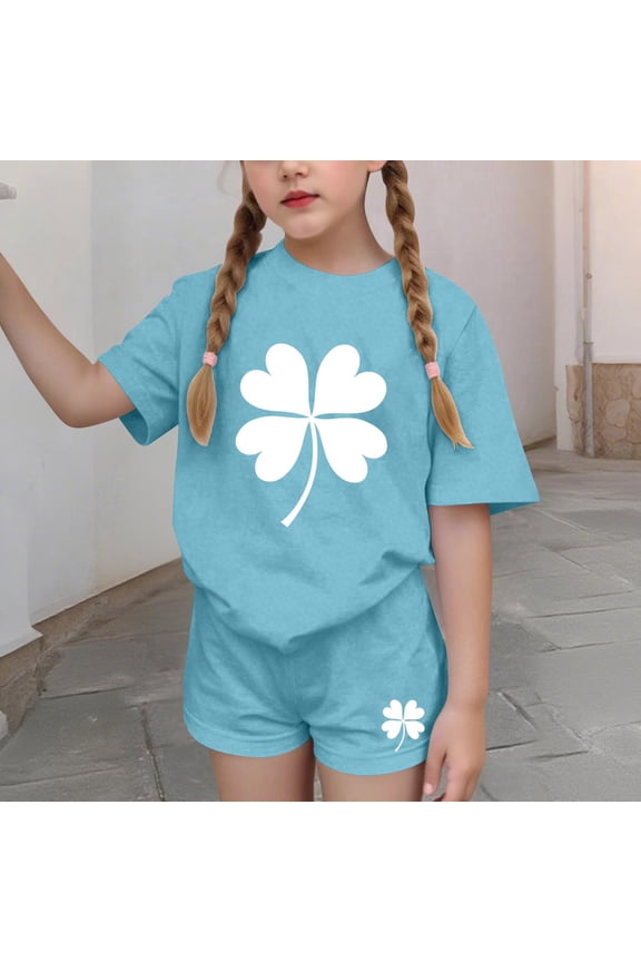 Girls Summer Outfit Sets, 2 PC Short Sleeve Casual Graphic Girls' Clothing Sets Blue Size 14-16