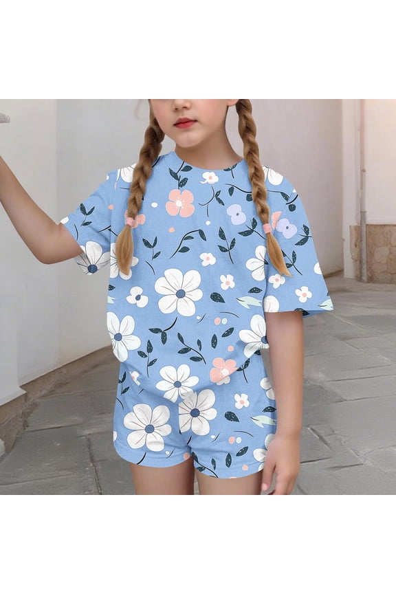 Girls Summer Outfit Sets, 2 PC Short Sleeve Crewneck Casual Kids' Clothing Sets Multicolor Size 14-16