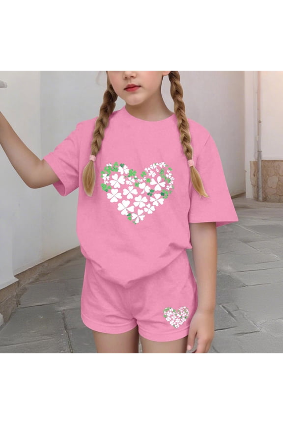 Girls Summer Outfit Sets, 2 PC Short Sleeve Printed St. Patrick's Day Clothing Sets Pink Size 8