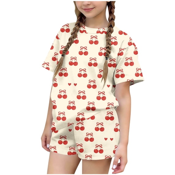 Cethrio Girls Summer Outfit Sets 2 Piece, Crew Neck Short Sleeve Gifts Kids' Clothing Sets Beige Size 6