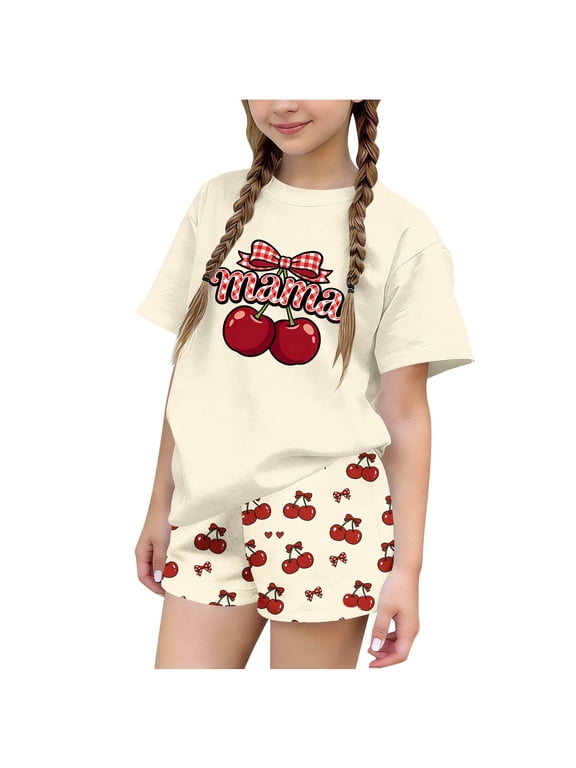 Girls Summer Outfit Sets 2 Piece, Crew Neck Soft Short Sleeve Kids' Clothing Sets Beige Size 10-12
