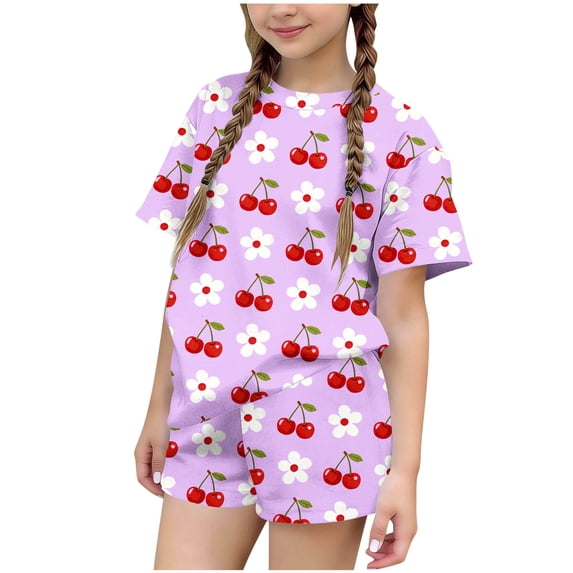 Cethrio Girls Summer Outfit Sets 2 Piece, Crew Neck Vacation Short Sleeve Kids' Clothing Sets Purple Size 3-4 T