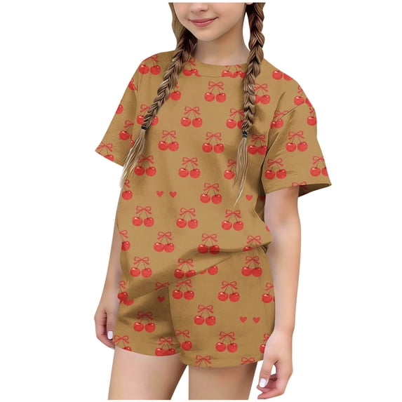 Cethrio Girls Summer Outfit Sets 2 Piece, Gifts Short Sleeve Crew Neck Kids' Clothing Sets Brown Size 5T