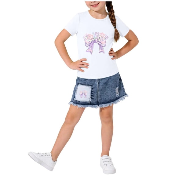 Cethrio Girls Summer Outfit Sets, 2 Piece Graphic Casual Short Sleeve Girls' Clothing Sets White Size 7-8 T