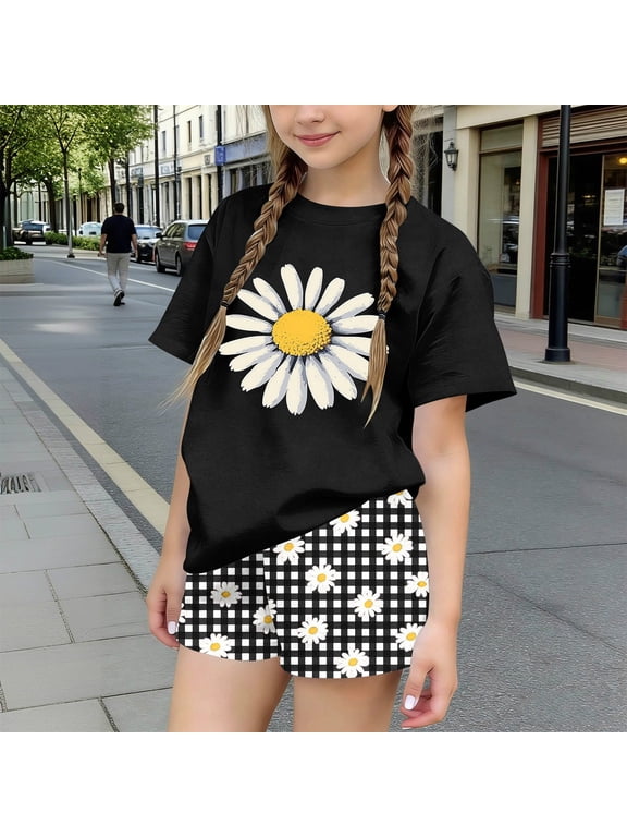 Girls Summer Outfit Sets 2 Piece, Printed Short Sleeve Crew Neck Kids' Clothing Sets Black Size 14-16