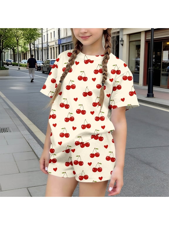 Girls Summer Outfit Sets 2 Piece, School Crew Neck Short Sleeve Kids' Clothing Sets Beige Size 14-16