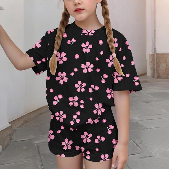 Cethrio Girls Summer Outfit Sets, 2 Piece School Short Sleeve Casual Kids' Clothing Sets Multicolor Size 14-16