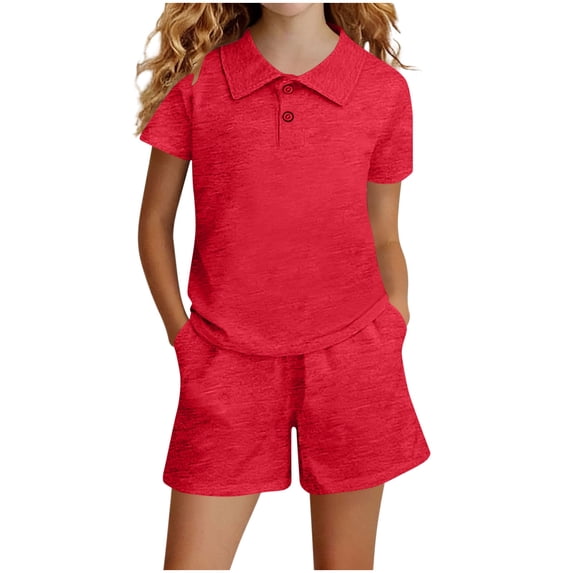 Cethrio Girls Summer Outfit Sets 2 Piece, Short Sleeve Collared Solid Color Girls' Clothing Sets Red Size 3-4 T