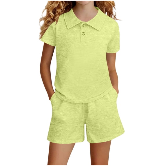 Cethrio Girls Summer Outfit Sets 2 Piece, Short Sleeve Solid Color Collared Girls' Clothing Sets Green Size 3-4 T