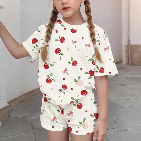 Cethrio Girls Summer Outfit Sets, Casual 2 PC Crewneck Short Sleeve Kids' Clothing Sets Multicolor Size 14-16