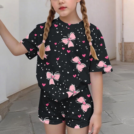 Cethrio Girls Summer Outfit Sets, Casual 2 Piece Breathable Short Sleeve Kids' Clothing Sets Multicolor Size 7-8