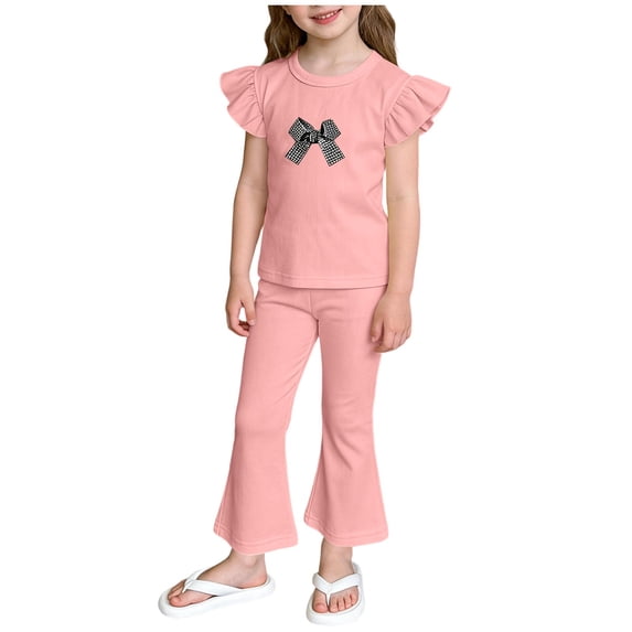 Cethrio Girls Summer Outfit Sets, Casual Flutter Sleeve Printed 2 Piece Girls Clothing sets Pink Size 7-8