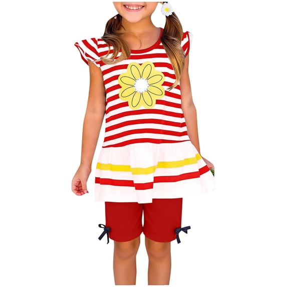 Cethrio Girls Summer Outfit Sets, Casual Flutter Sleeve Printed Two Piece Girls' Clothing Sets Red Size 5T