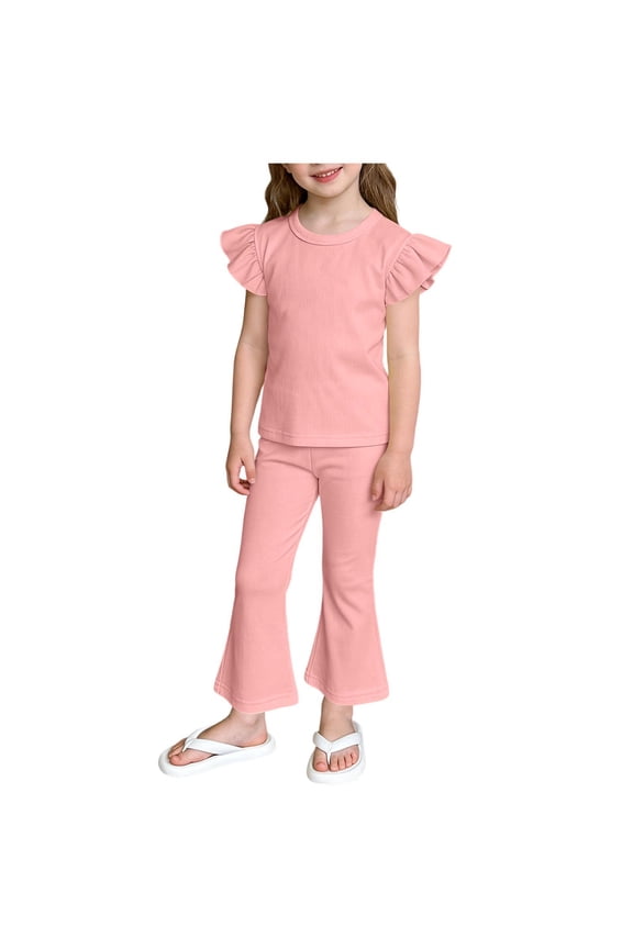 Girls Summer Outfit Sets, Casual Flutter Sleeve School 2 Piece Kids Clothing sets Pink Size 10