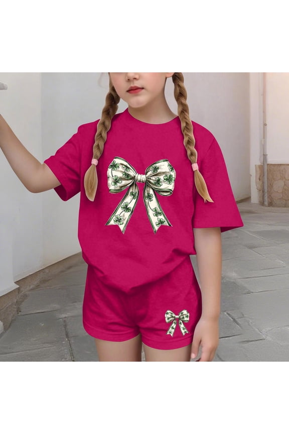 Girls Summer Outfit Sets, Casual Graphic 2 Piece Short Sleeve Girls' Clothing Sets Hot Pink Size 12-13T