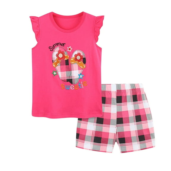 Cethrio Girls Summer Outfit Sets, Cotton Cute Flutter Sleeve Girls' Clothing Sets Hot Pink Size 6T