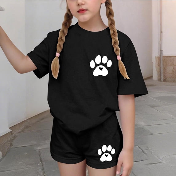 Cethrio Girls Summer Outfit Sets, Crew Neck Short Sleeve Casual Printed Kids' 2 Piece Sets Black Size 9-10T