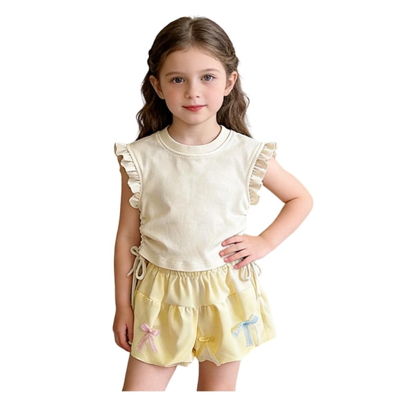 Cethrio Girls Summer Outfit Sets, Flutter Sleeve Cute 2 Piece Casual Girls Clothing sets Beige Size 6