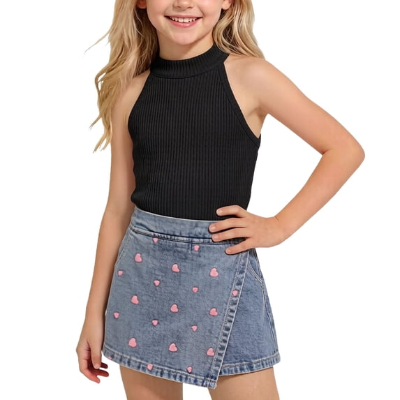 Cethrio Girls Summer Outfit Sets, Gifts 2 Piece Sleeveless T-shirts and Denim Shorts Sets Black Size 4-5T