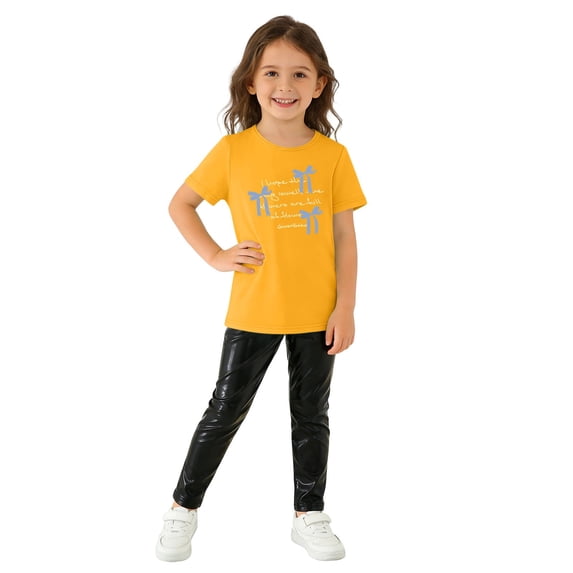 Cethrio Girls Summer Outfit Sets, Graphic 2 Piece Casual Short Sleeve T-Shirts and Pants Set Orange Size 6-7 T