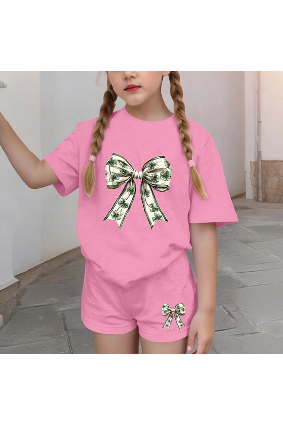 Girls Summer Outfit Sets, Graphic 2 Piece Short Sleeve Casual Girls' Clothing Sets Pink Size 14-16