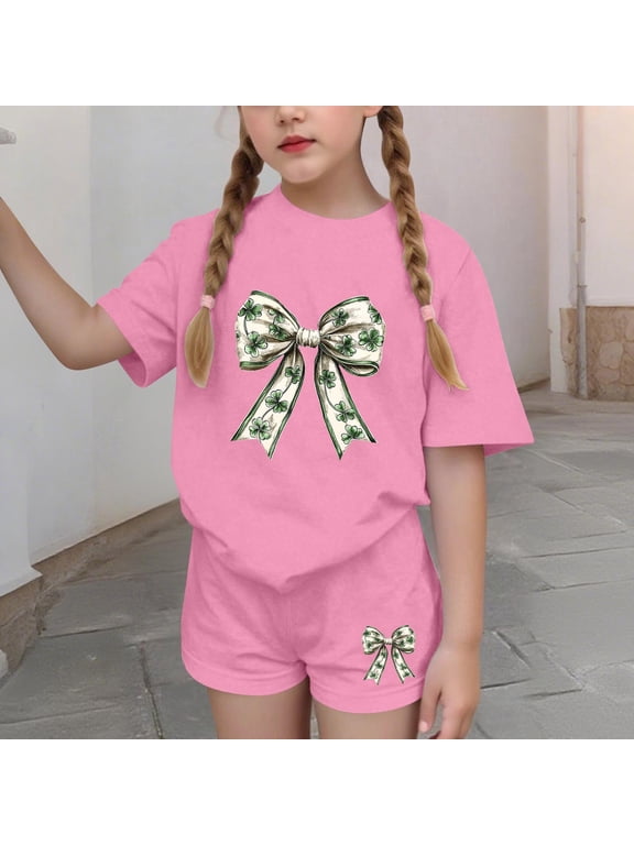 Girls Summer Outfit Sets, Graphic 2 Piece Short Sleeve Casual Girls' Clothing Sets Pink Size 14-16