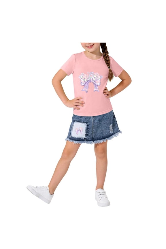 Girls Summer Outfit Sets, Graphic Casual Short Sleeve 2 Piece Girls' Clothing Sets Pink Size 4-5 T