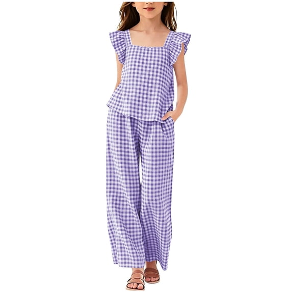 Cethrio Girls Summer Outfit Sets, Plaid 2 Piece Casual Flutter Sleeve Girls' Clothing Sets Purple Size 11-12 T