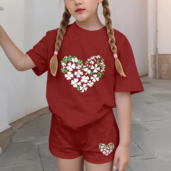 Cethrio Girls Summer Outfit Sets, Printed 2 PC Short Sleeve St. Patrick's Day Clothing Sets Red Size 10-12