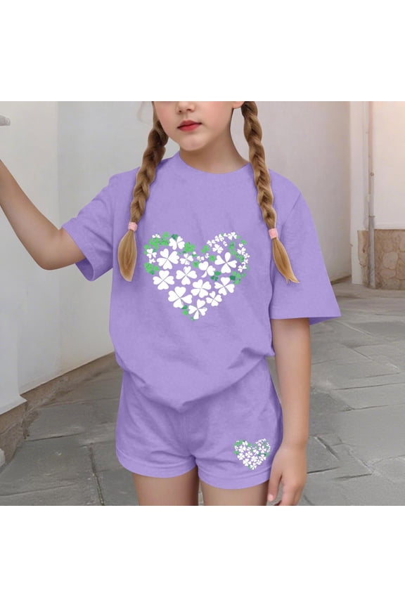 Girls Summer Outfit Sets, Printed Short Sleeve 2 PC St. Patrick's Day Clothing Sets Purple Size 6