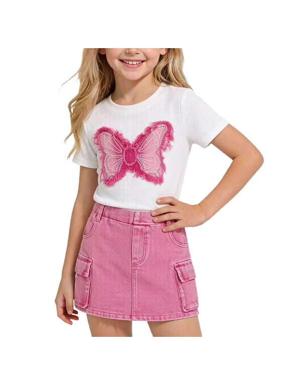 Girls Summer Outfit Sets, Printed Short Sleeve 2 Piece Summer Kids Clothing Sets Purple Size 7-8T