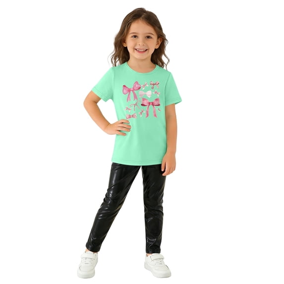 Cethrio Girls Summer Outfit Sets, Short Sleeve Casual 2 Piece Printed T-Shirts and Pants Set Green Size 2-3 T