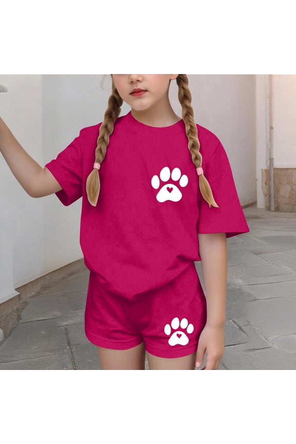 Girls Summer Outfit Sets, Short Sleeve Casual Printed Crew Neck Kids' 2 Piece Sets Hot Pink Size 14-16