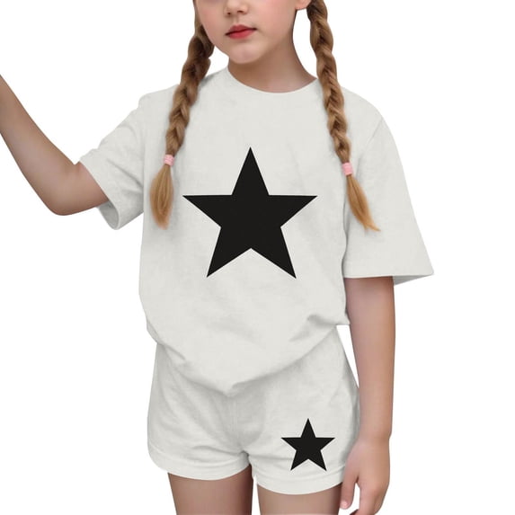 Cethrio Girls Summer Outfit Sets, Short Sleeve Crew Neck Graphic Casual Kids' 2 Piece Sets White Size 9-10T