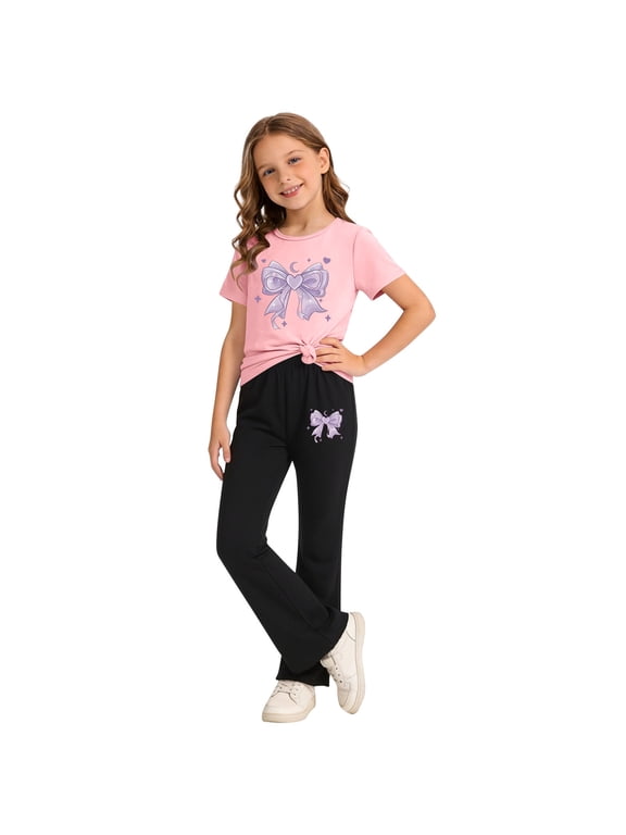 Girls Summer Outfit Sets Short Sleeve, Printed 2 Piece Short Sleeve Kids' Clothing Sets Pink Size 6-7 T