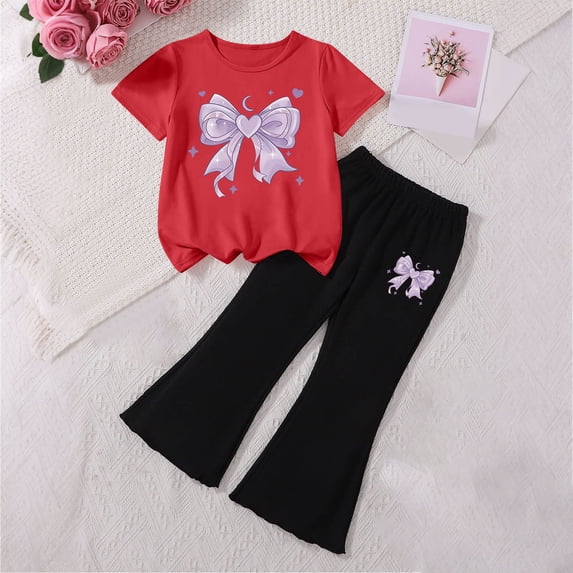 Cethrio Girls Summer Outfit Sets Short Sleeve, Printed 2 Piece Short Sleeve Kids' Clothing Sets Red Size 4-5 T