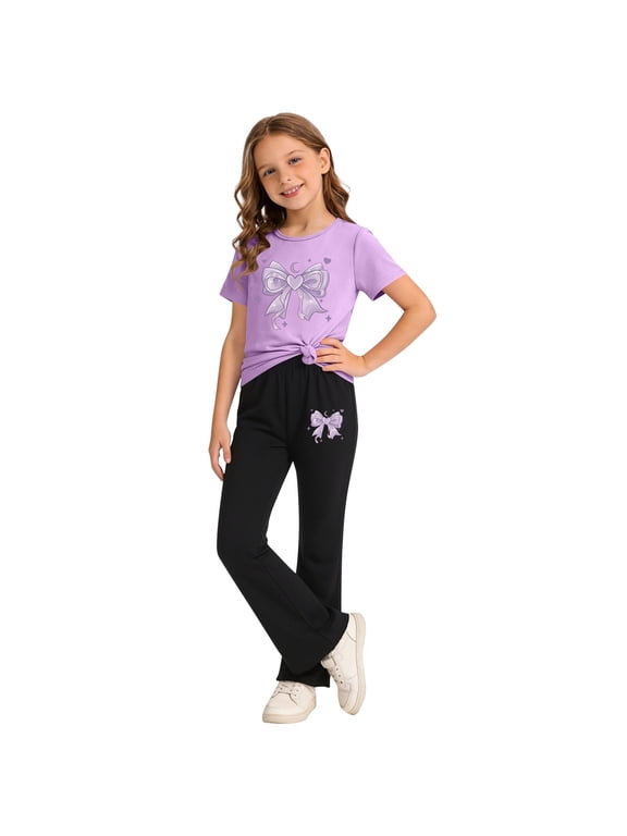 Girls Summer Outfit Sets Short Sleeve, Short Sleeve 2 Piece Printed Kids' Clothing Sets Purple Size 6-7 T