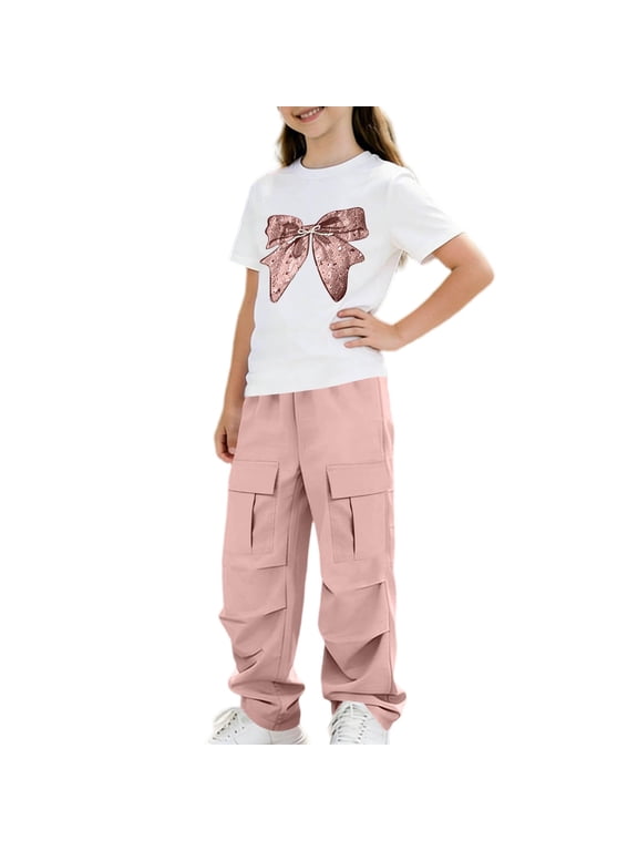 Girls Summer Outfit Sets Size 10-12, 2 Piece Short Sleeve Printed Kids T-shirts and Cargo Pants Sets Pink