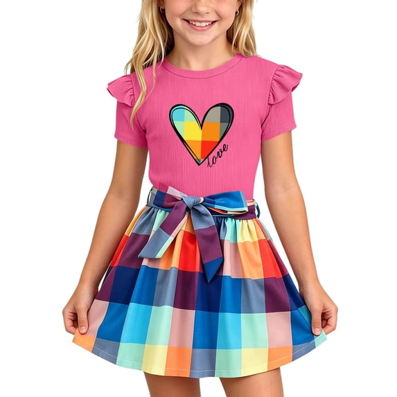 Cethrio Girls Summer Outfit Sets Size 6, Printed 2 Piece Flutter Sleeve Fashion Girls' Clothing Sets Hot Pink