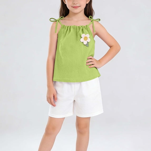 Cethrio Girls Summer Outfit Sets, Sleeveless Casual Fashion Two-piece Tops and Shorts Set Green Size 7-8 T
