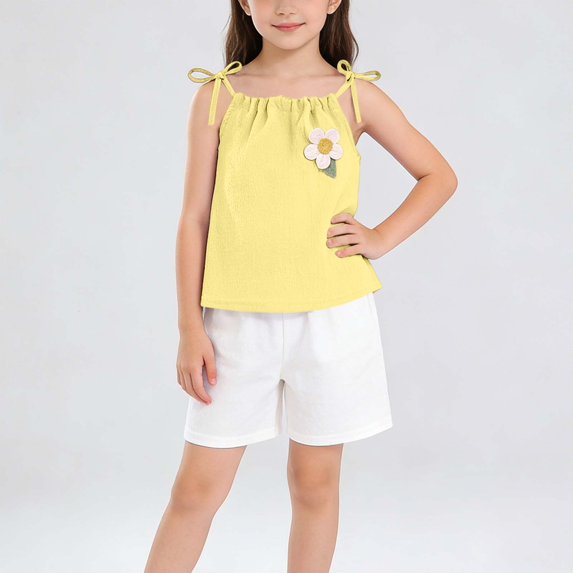 Cethrio Girls Summer Outfit Sets, Sleeveless Casual Fashion Two-piece Tops and Shorts Set Yellow Size 6