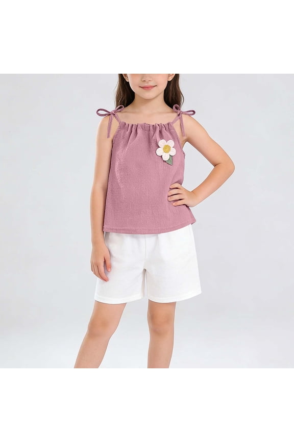 Girls Summer Outfit Sets, Sleeveless Fashion Two-piece Casual Tops and Shorts Set Pink Size 7-8 T