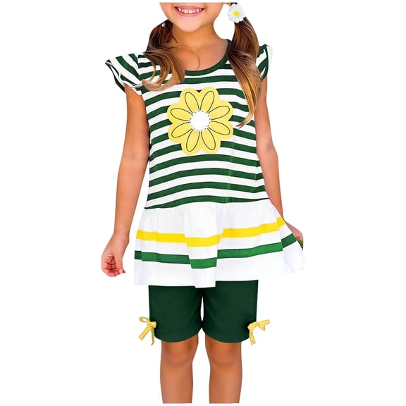 Cethrio Girls Summer Outfit Sets, Two Piece Casual Flutter Sleeve Printed Girls' Clothing Sets Green Size 6