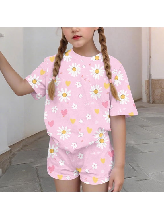 Girls Summer Outfit Sets, Two Piece Short Sleeve Casual Crewneck Kids' Clothing Sets Multicolor Size 14-16