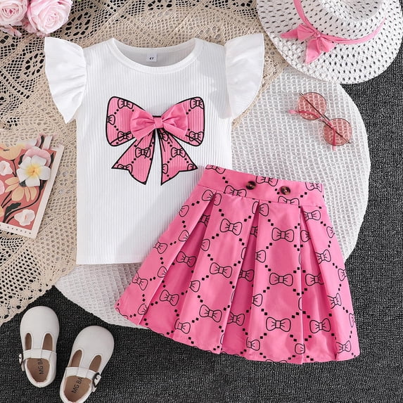 Cethrio Girls Summer Outfit Sets, Two-piece Casual Flutter Sleeve Fashion Tops and Shorts Set Pink Size 7-8 T