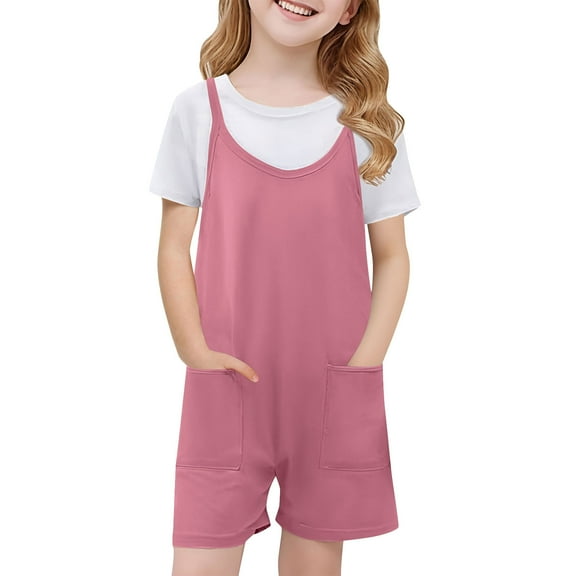 Cethrio Girls Summer Overalls, Spaghetti Strap Casual Sleeveless Loose Overalls with Pockets Pink Size 7-8