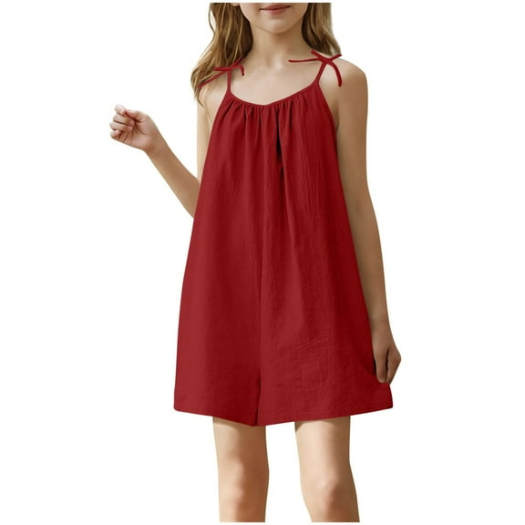 Cethrio Girls Summer Overalls, Spaghetti Strap Cotton Linen Holiday Loose Short Overalls Wine Size 14-15T