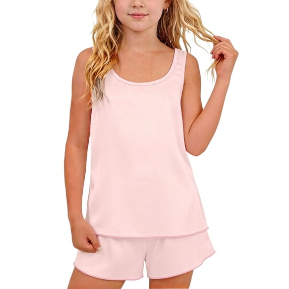 Cethrio Girls Summer Pajama Sets, 2-piece Casual Comfy Sleeveless Girls' Sleepwear Pink Size 14