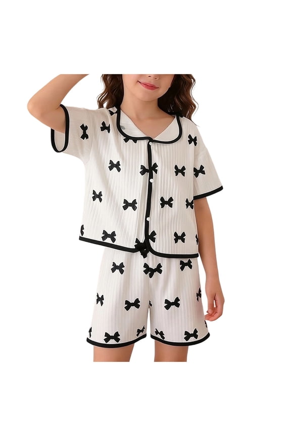 Girls Summer Pajama Sets, 2-piece Lapel Collar Short Sleeve Soft Girls' Sleepwear Black Size 7-8