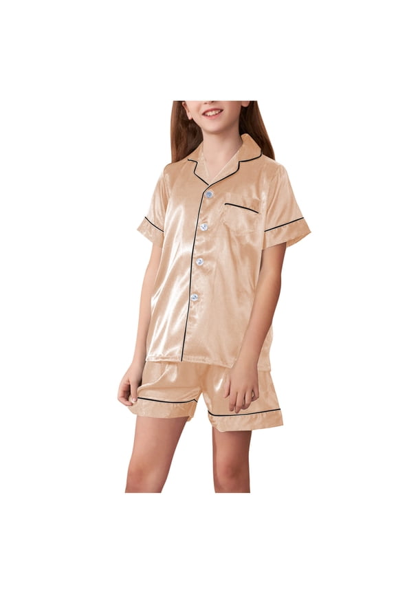 Girls Summer Pajama Sets, Casual Collared Short Sleeve Comfy Girls' Sleepwear Beige Size 6